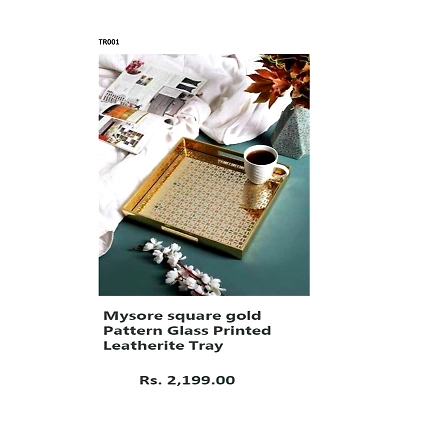 Mysore square gold Pattern Glass Printed Leatherite Tray-TR001