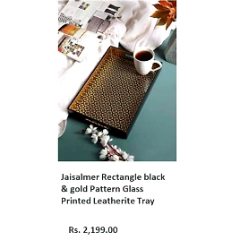 Jaisalmer Rectangle black & gold Pattern Glass Printed Leatherite Tray