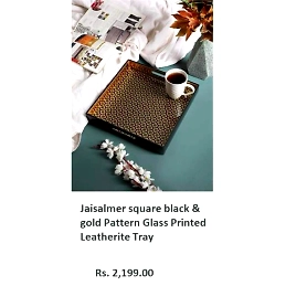 Jaisalmer square black & gold Pattern Glass Printed Leatherite Tray