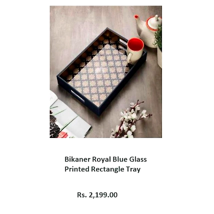 Bikaner Royal Blue Glass Printed Rectangle Tray-TR015