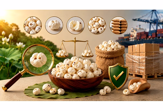 Export quality makhana displayed with premium uniform kernels and bulk packaging for international b