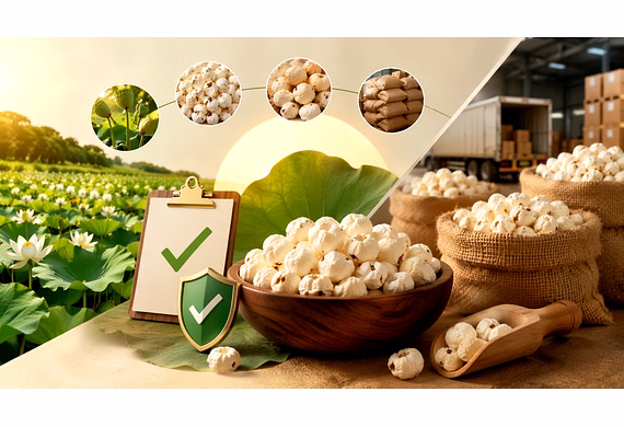 Premium bulk makhana displayed for snack brand sourcing and manufacturing