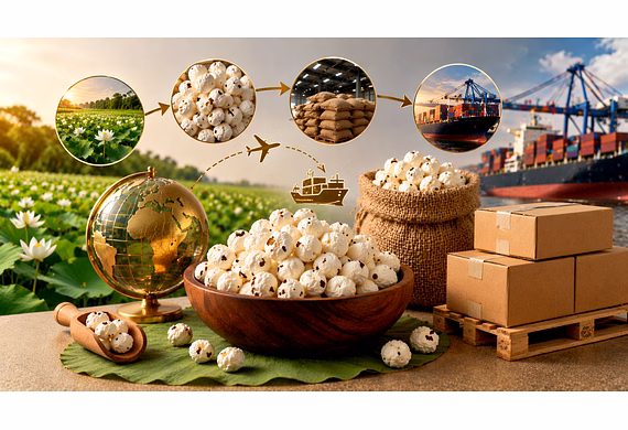Bulk makhana prepared for international buyers with premium kernels and export packaging