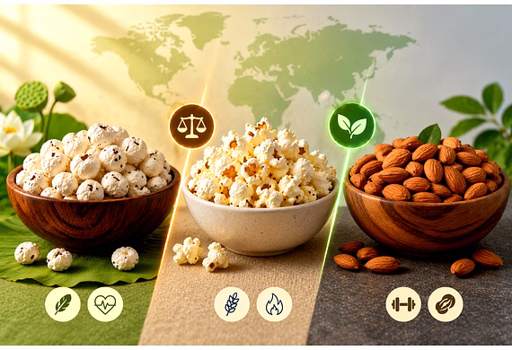 Comparison of makhana, popcorn, and nuts as modern healthy snack options