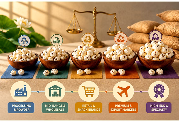 Different makhana grades displayed for business quality selection and bulk sourcing