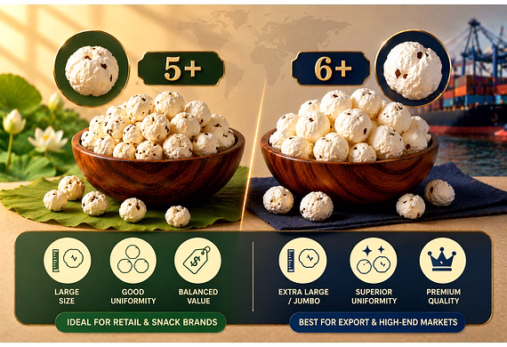 Side-by-side comparison of 5+ and 6+ makhana grades for premium export buyers