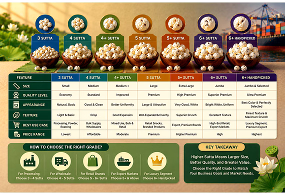 Makhana grades from 3 Sutta to 6+ displayed for buyer comparison and sourcing decisions