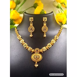 generic traditional matte gold-tone necklace set with intricate motifs & matching earrings