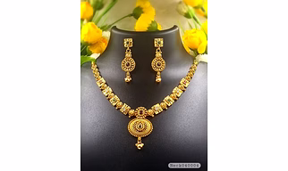 Traditional Matte Gold-Tone Necklace Set with Intricate Motifs & Matching Earrings
