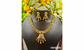 Necklace SetTraditional Matte Gold-Tone Necklace Set with Jhumka Pendant & Earrings