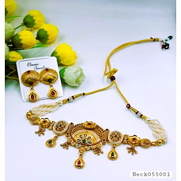 generic royal antique gold-tone temple necklace set with floral pendant & earrings