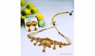 Royal Antique Gold-Tone Temple Necklace Set with Floral Pendant & Earrings