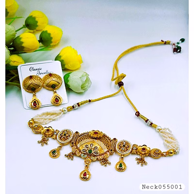 generic royal antique gold-tone temple necklace set with floral pendant & earrings