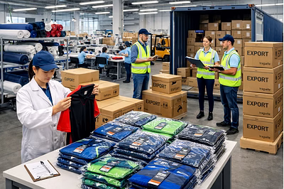 Apparel export facility conducting quality checks and preparing bulk clothing shipments for internat