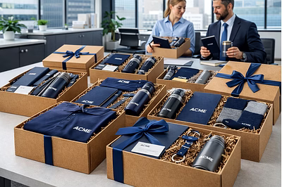 Premium bulk corporate gift boxes with branded merchandise prepared for international business campa