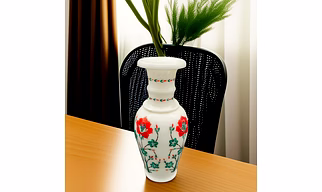 Luxury White Marble Flower Vase Inlaid Semi Precious Stones 9 inch