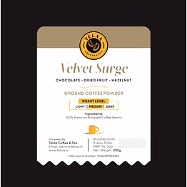 velvet surge, medium roasted 100% arabica coffee powder.