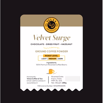 velvet surge, medium roasted 100% arabica coffee powder.
