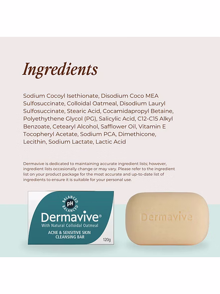 Dermavive Acne &amp; Sensitive Skin Cleansing Bar | pH-Balanced &amp; Soap-Free (120g)-3