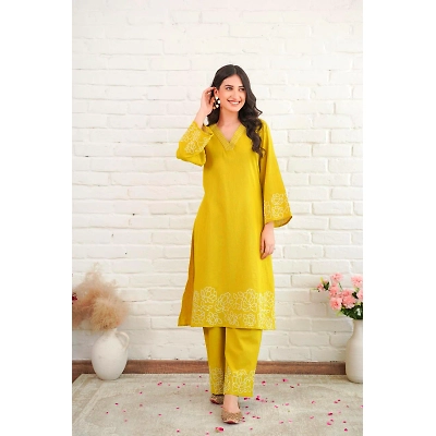 Azrakh Yellow Embroidered Cotton Co-Ord Set for Women – Stylish Ethnic Wear for Office, College & Casual Outings