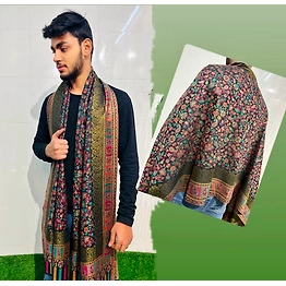 Floral Paisley Wool Kani Unisex Stole with Traditional Border, Multi-Color Print, Gold Zari Work
