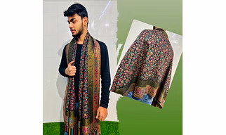 Floral Paisley Wool Kani Unisex Stole with Traditional Border, Multi-Color Print, Gold Zari Work