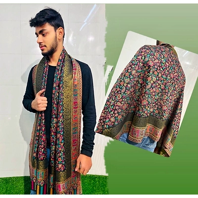 Floral Paisley Wool Kani Unisex Stole with Traditional Border, Multi-Color Print, Gold Zari Work