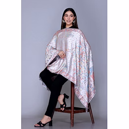 floral print silk shawl, silver grey with coral and blue pattern, traditional design