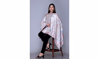 Floral Print Silk Shawl, Silver Grey with Coral and Blue Pattern, Traditional Design