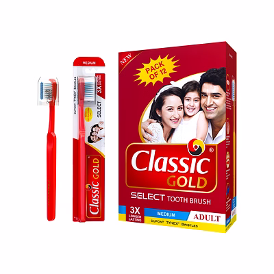classicgold select medium manual toothbrush for adults with dupont tynex bristles and anti bacterial crystal clear cap