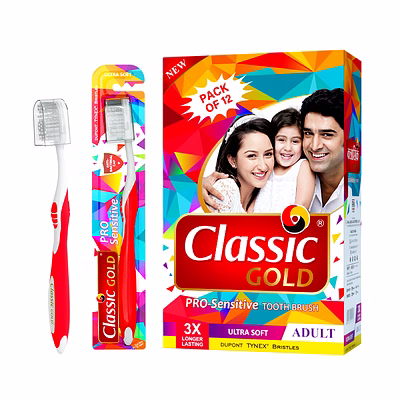 classicgold pro sensitive ultra soft manual toothbrushes with dupont tynex bristles for super caring teeth, multicolor