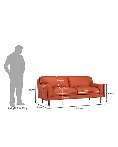 Durian Lorraine Leatherette 3 Seater Sofa in Tangerine Orange With USB Port-3
