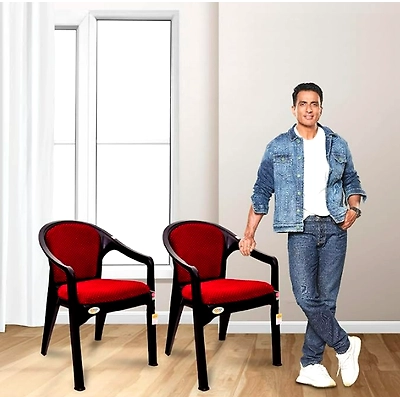 AVRO Furniture Avro Orchid Set of 2 Plastic Chairs with Cushion for Home,Living Room,Garden,Outdoor and Office (Black and Red)