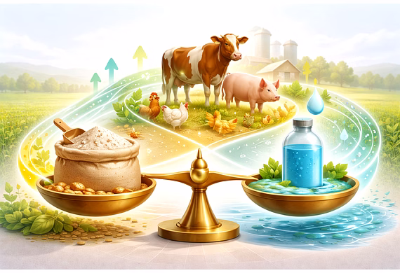 Editorial illustration showing a balanced comparison of powder and liquid feed supplements through c