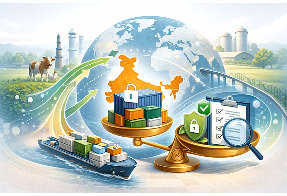 Editorial illustration of India as a central export hub with global trade routes and quality-complia