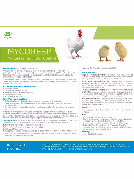 MYCORESP 1 LTR - Liquid Zinc Oxide Nanoparticles for Mycoplasma Control in Poultry