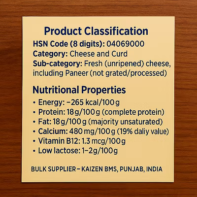 HSN:04069000 &gt; Paneer (Indian) Fresh Paneer /Cheese-1