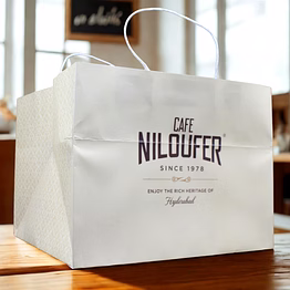 customized café niloufer printed paper carry bag