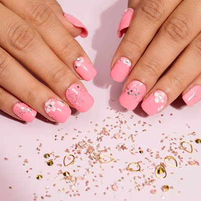 nailknack - presson nails pink artificial nails 3d flower nail art press-on nails