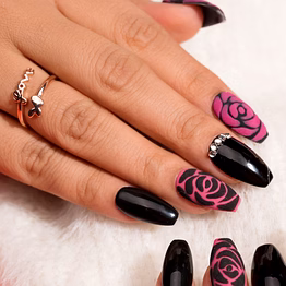 nailknack - presson nails elegant black and pink 3d rose reusable press-on nails set