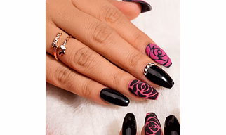 Elegant Black And Pink 3D Rose Reusable Press-On Nails Set