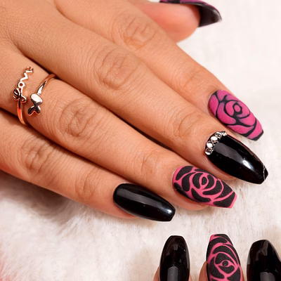 nailknack - presson nails elegant black and pink 3d rose reusable press-on nails set