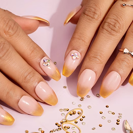 nailknack - presson nails golden chrome and diamond press on nails set with golden ombre nails pattern