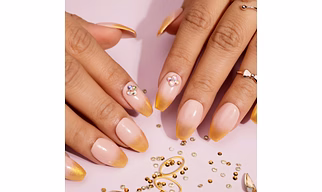 Golden Chrome and Diamond Press On Nails Set with Golden Ombre Nails Pattern
