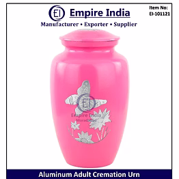 pink butterfly & lotus engraved aluminum adult cremation urn manufacturer, empire india moradabad