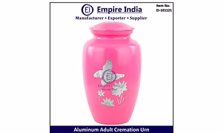 Pink Butterfly & Lotus Engraved Aluminum Adult Cremation Urn Manufacturer, Empire India Moradabad