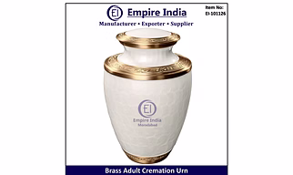 White & Brass Engraved Adult Cremation Urn, Elegant Funeral Memorial Exporter Empire India Moradabad