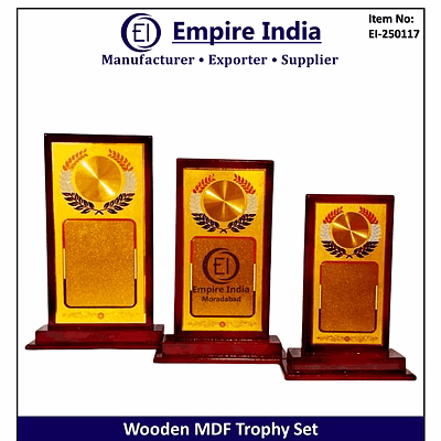 rectangular wood mdf trophy set with laurel motif, customizable award plaque, empire india moradabad