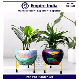 colorful designer iron pot planter set with stand, modern decorative metal flower pots, empire india