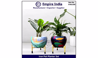 Colorful Designer Iron Pot Planter Set with Stand, Modern Decorative Metal Flower Pots, Empire India